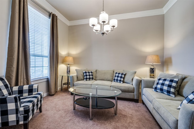 living area featuring light colored carpet, baseboards, crown molding, and an inviting chandelier