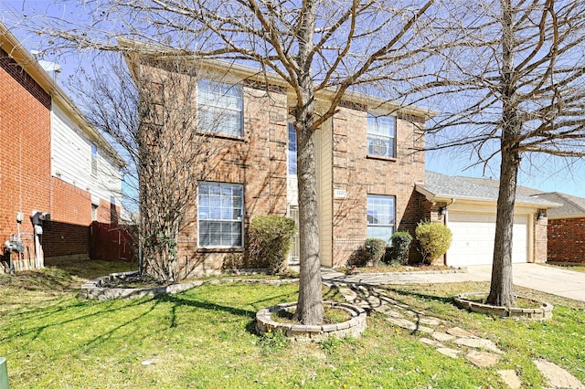 view of front of house with a garage, a front yard, concrete driveway, and brick siding