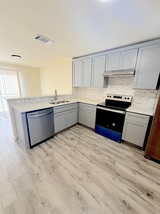 kitchen featuring gray cabinetry, electric range, a sink, visible vents, and stainless steel dishwasher