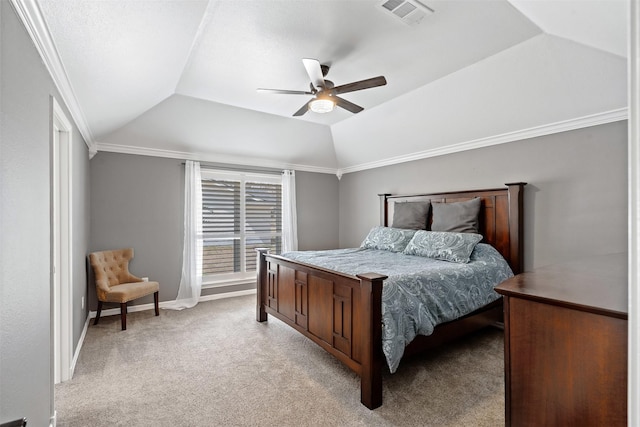 bedroom featuring lofted ceiling, visible vents, a ceiling fan, light carpet, and baseboards