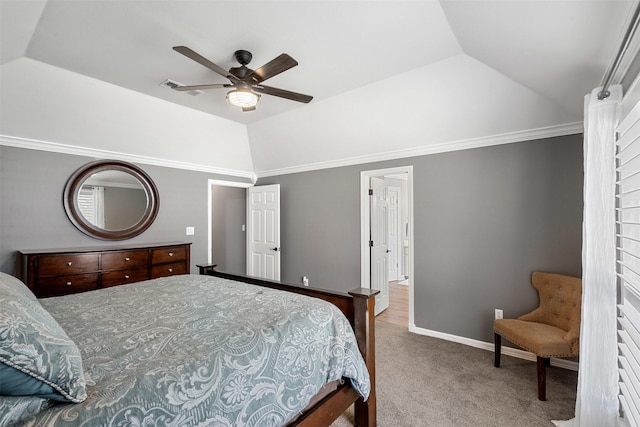 bedroom with lofted ceiling, carpet floors, a ceiling fan, and baseboards