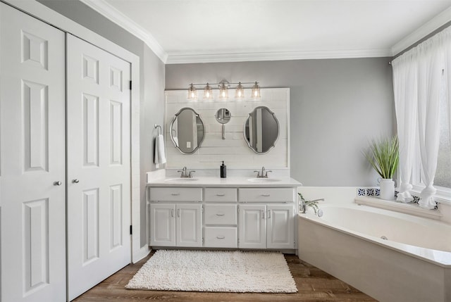 full bathroom featuring double vanity, wood finished floors, a sink, and crown molding