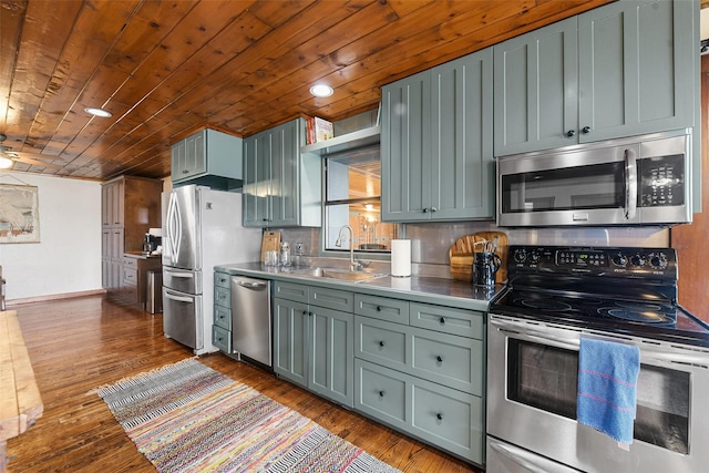 kitchen featuring a sink, wood ceiling, appliances with stainless steel finishes, stainless steel counters, and dark wood finished floors