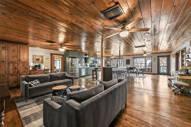 living area with dark wood-style floors, wooden ceiling, and visible vents