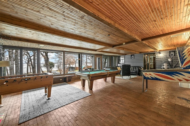 playroom with brick floor, billiards, and wood ceiling