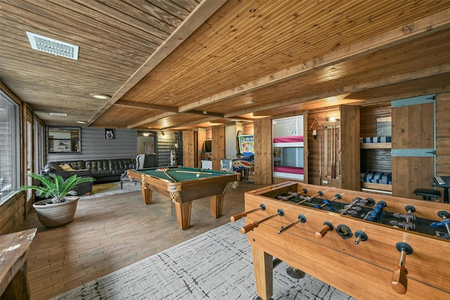 playroom with brick floor, wood ceiling, visible vents, and pool table