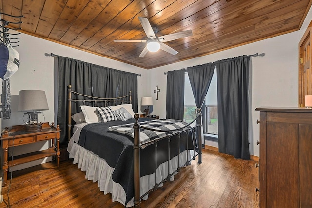 bedroom with wooden ceiling, wood finished floors, and a ceiling fan