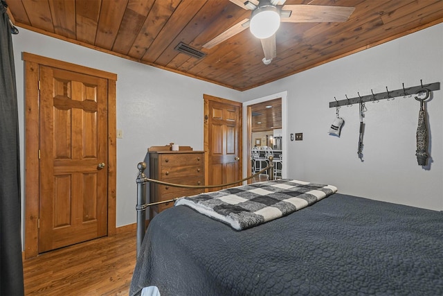 bedroom with wood ceiling, ceiling fan, wood finished floors, and visible vents