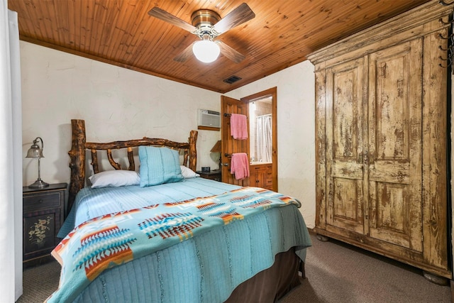 bedroom with a ceiling fan, a textured wall, wood ceiling, an AC wall unit, and carpet flooring