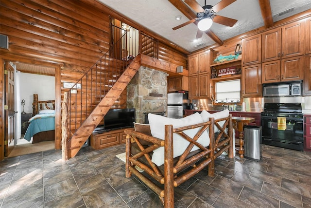 kitchen featuring brown cabinetry, visible vents, black range with gas cooktop, and open shelves