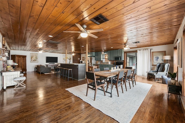 dining room featuring dark wood-style floors, visible vents, wood ceiling, and a ceiling fan