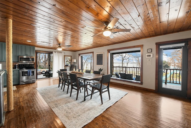 dining space with wooden ceiling, plenty of natural light, wood-type flooring, and baseboards