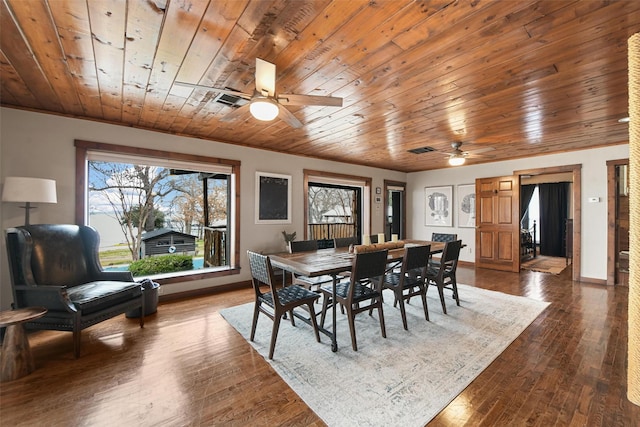 dining space with wooden ceiling, baseboards, dark wood finished floors, and a ceiling fan