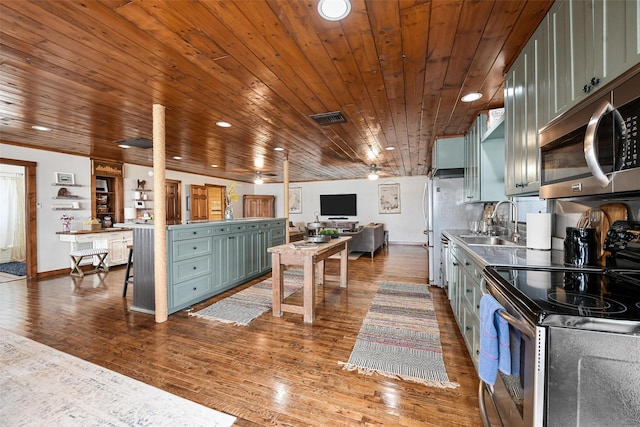 kitchen featuring visible vents, wood ceiling, dark wood-style flooring, stainless steel appliances, and a sink