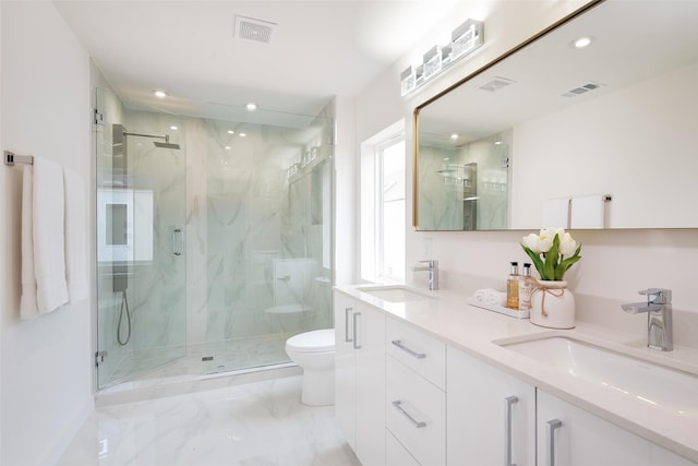 full bath featuring visible vents, marble finish floor, toilet, and a sink