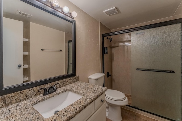 full bath with a stall shower, visible vents, vanity, and toilet