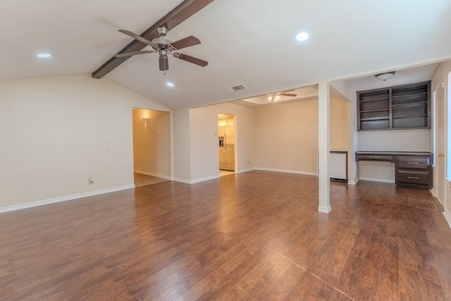 unfurnished living room with vaulted ceiling with beams, recessed lighting, a ceiling fan, baseboards, and dark wood finished floors