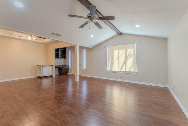 unfurnished living room featuring lofted ceiling with beams, wood finished floors, visible vents, and baseboards