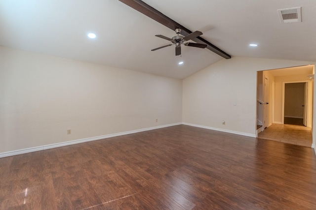 unfurnished room with lofted ceiling with beams, baseboards, visible vents, and wood finished floors