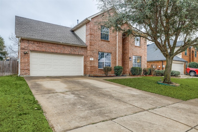 traditional home with a garage, a shingled roof, brick siding, driveway, and a front lawn