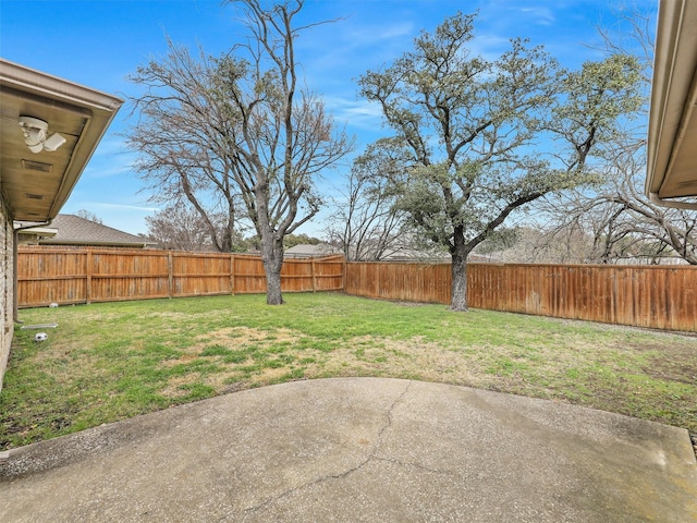 view of yard featuring a patio area and a fenced backyard