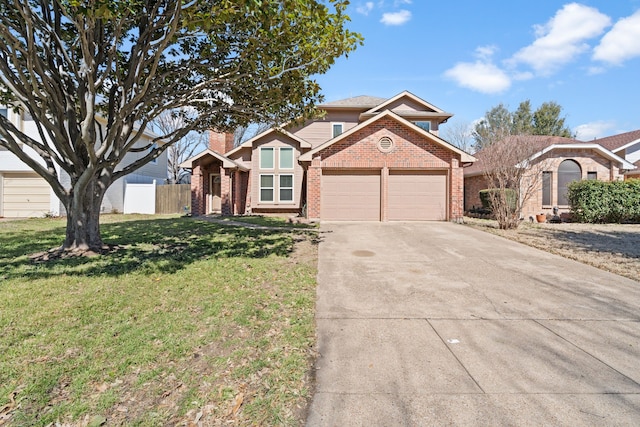 view of front of house featuring brick siding, concrete driveway, a front yard, fence, and a garage