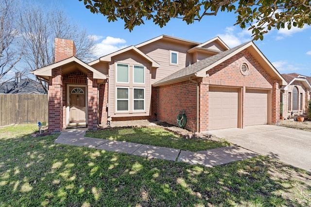 view of front of home featuring concrete driveway, a chimney, an attached garage, fence, and brick siding