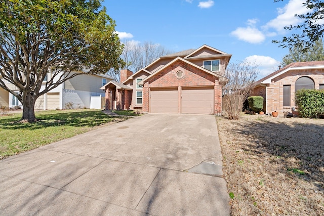 view of front of property featuring a garage, concrete driveway, brick siding, and a front lawn