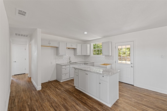 kitchen with a sink, visible vents, baseboards, tasteful backsplash, and dark wood finished floors