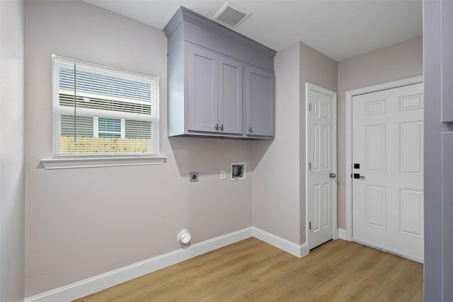 laundry area with baseboards, visible vents, hookup for a washing machine, hookup for an electric dryer, and light wood-type flooring