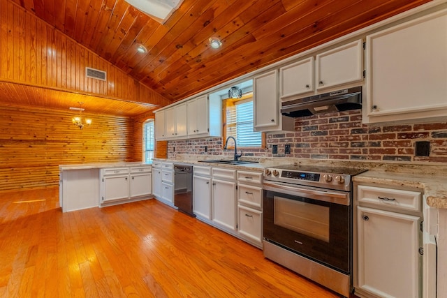 kitchen featuring stainless steel electric stove, visible vents, a sink, dishwasher, and under cabinet range hood