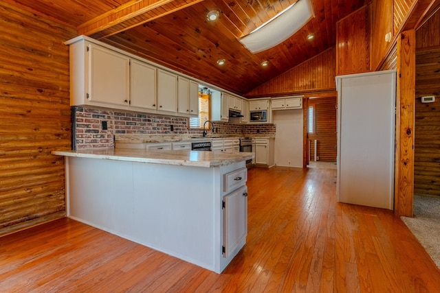 kitchen featuring white cabinets, lofted ceiling, wooden ceiling, a peninsula, and light wood-style floors