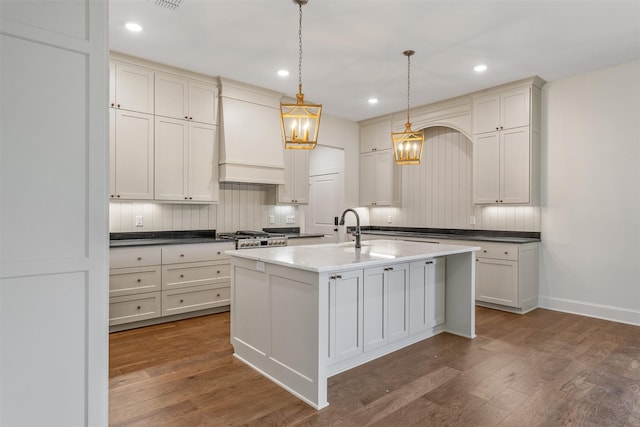 4618 Flat Creek Cv, Tyler, TX 75703 - kitchen featuring wood-type flooring, pendant lighting, an island with sink, recessed lighting, and premium range hood