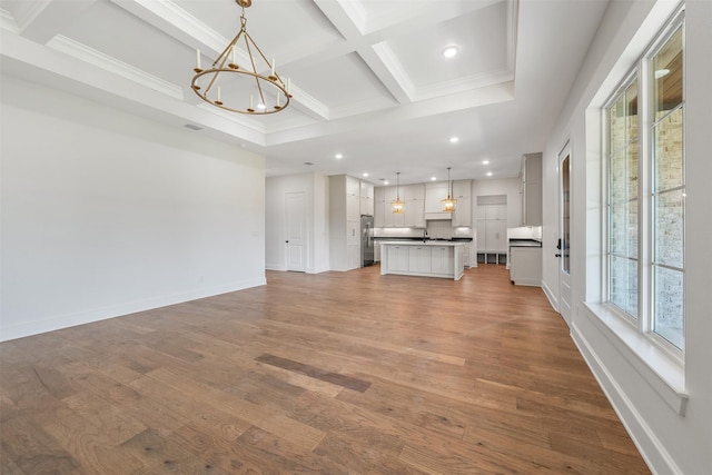 4618 Flat Creek Cv, Tyler, TX 75703 - unfurnished living room with a chandelier, coffered ceiling, beamed ceiling, recessed lighting, and baseboards