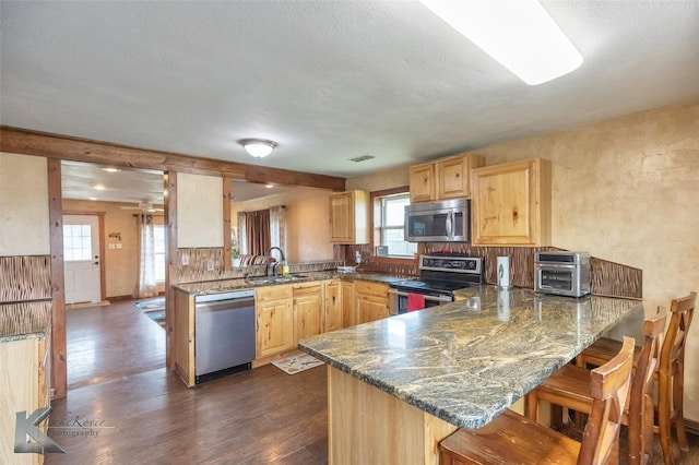 kitchen with stainless steel appliances, dark wood-type flooring, a peninsula, and light brown cabinets