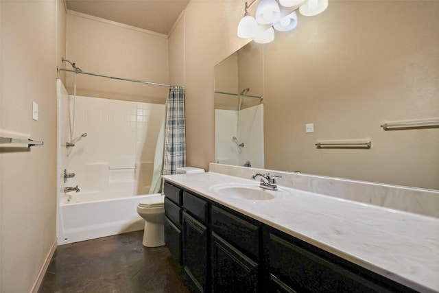 bathroom with toilet, shower / tub combo with curtain, baseboards, concrete flooring, and vanity