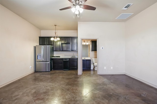 kitchen with visible vents, baseboards, light countertops, ceiling fan with notable chandelier, and stainless steel refrigerator with ice dispenser