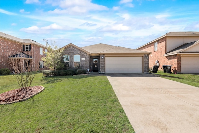 view of front of home featuring a garage, brick siding, driveway, and a front lawn