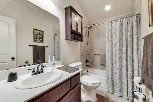 full bathroom with toilet, tile patterned floors, shower / tub combo with curtain, and vanity