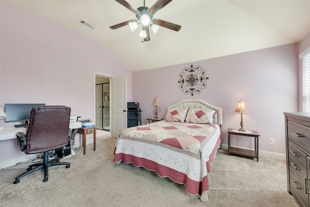 carpeted bedroom featuring lofted ceiling, baseboards, visible vents, and a ceiling fan