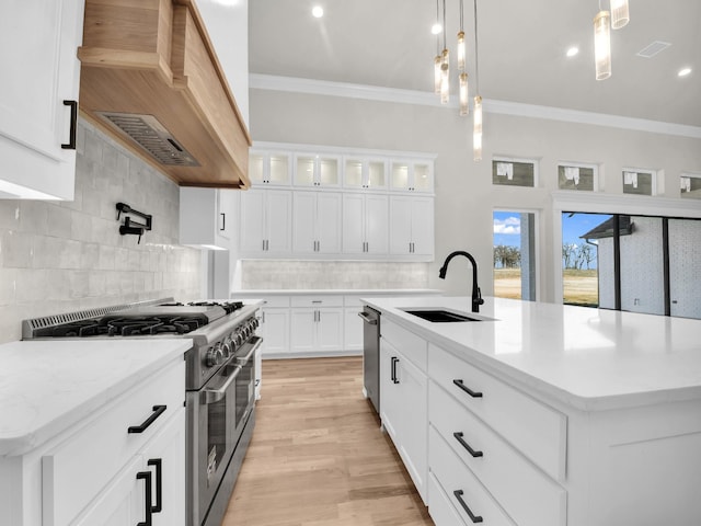 kitchen featuring ornamental molding, a sink, custom exhaust hood, stainless steel appliances, and backsplash