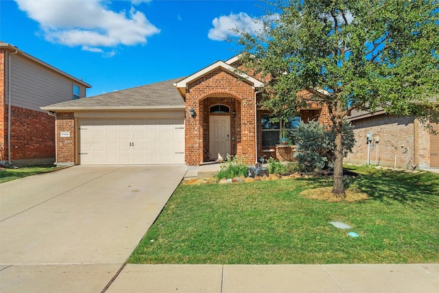 single story home featuring driveway, brick siding, roof with shingles, an attached garage, and a front yard