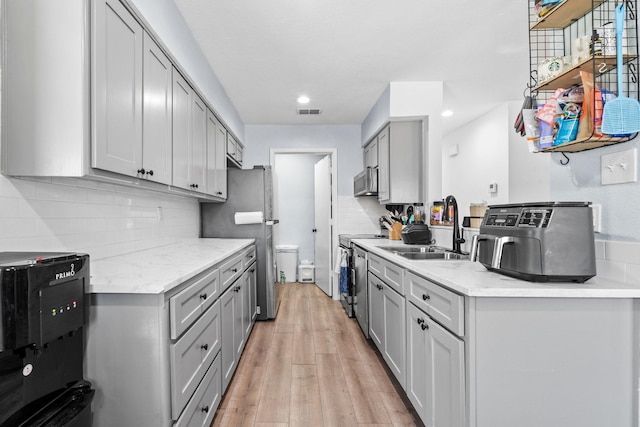 kitchen with gray cabinetry, stainless steel appliances, a sink, visible vents, and light wood-type flooring