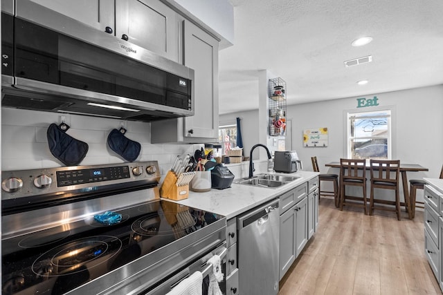 kitchen featuring stainless steel appliances, a sink, visible vents, gray cabinets, and light wood finished floors