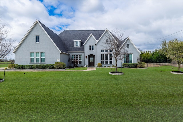 french country home with a front yard and fence