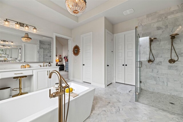 full bathroom with a closet, a freestanding bath, and a shower stall