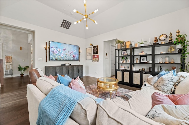 living area featuring visible vents, baseboards, dark wood-type flooring, and an inviting chandelier