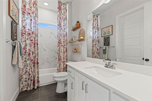 full bath featuring tile patterned floors, toilet, vanity, and shower / bathtub combination with curtain