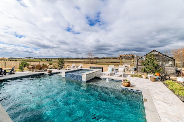 view of pool featuring fence, a pool with connected hot tub, a pergola, and a patio area