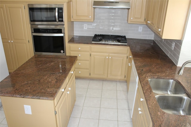 8509 Mustang Dr, Irving, TX 75063 - kitchen with light tile patterned floors, a sink, stainless steel appliances, under cabinet range hood, and tasteful backsplash